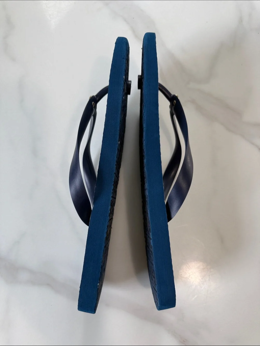 Tory Burch Kids Navy and White Check Flip Flops with Gold Logo